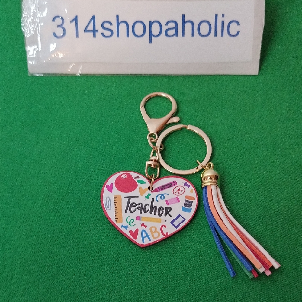 Multicolor Heart-Shaped "Teacher" Keychain / Bag Charm With Tassel